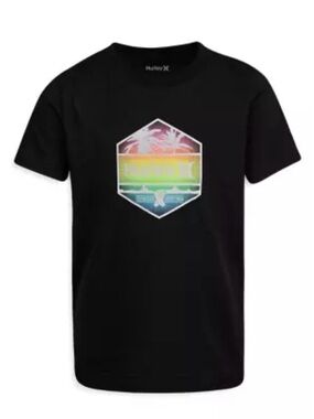 Hurley Black Tee with Rainbow Hex Palm Graphic